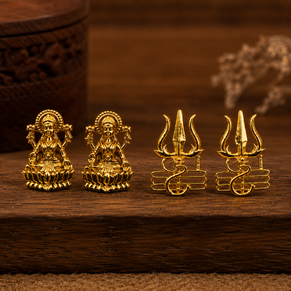 Gold Plated Brass Laxmi & Trishul Stud Earrings Combo for Couples | Traditional Goddess Lakshmi Studs for Women & Trishul Shiv Symbol Studs for Men | Religious Daily Wear Jewelry Gift Set
