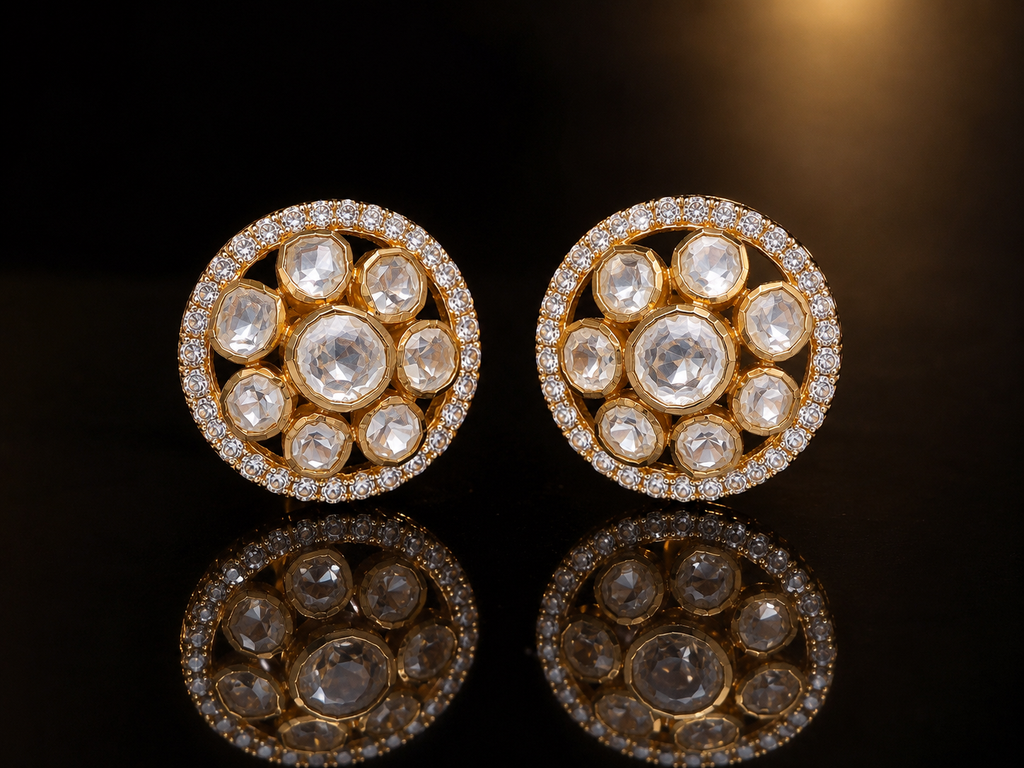 Gold Plated 925 Silver Moissanite Polki Round Stud Earrings | Handmade Luxury Wedding & Party Earrings for Women Made to Order