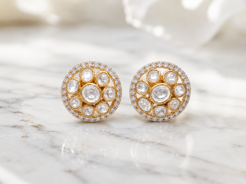 Gold Plated 925 Silver Moissanite Polki Round Stud Earrings | Handmade Luxury Wedding & Party Earrings for Women Made to Order
