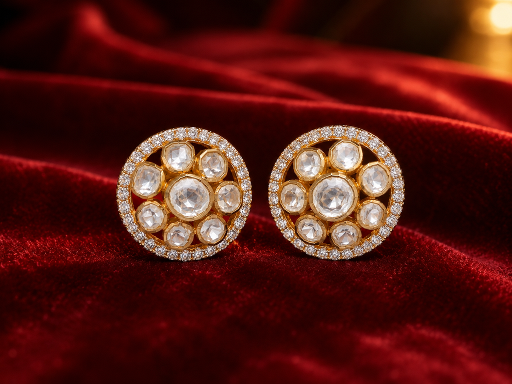 Gold Plated 925 Silver Moissanite Polki Round Stud Earrings | Handmade Luxury Wedding & Party Earrings for Women Made to Order
