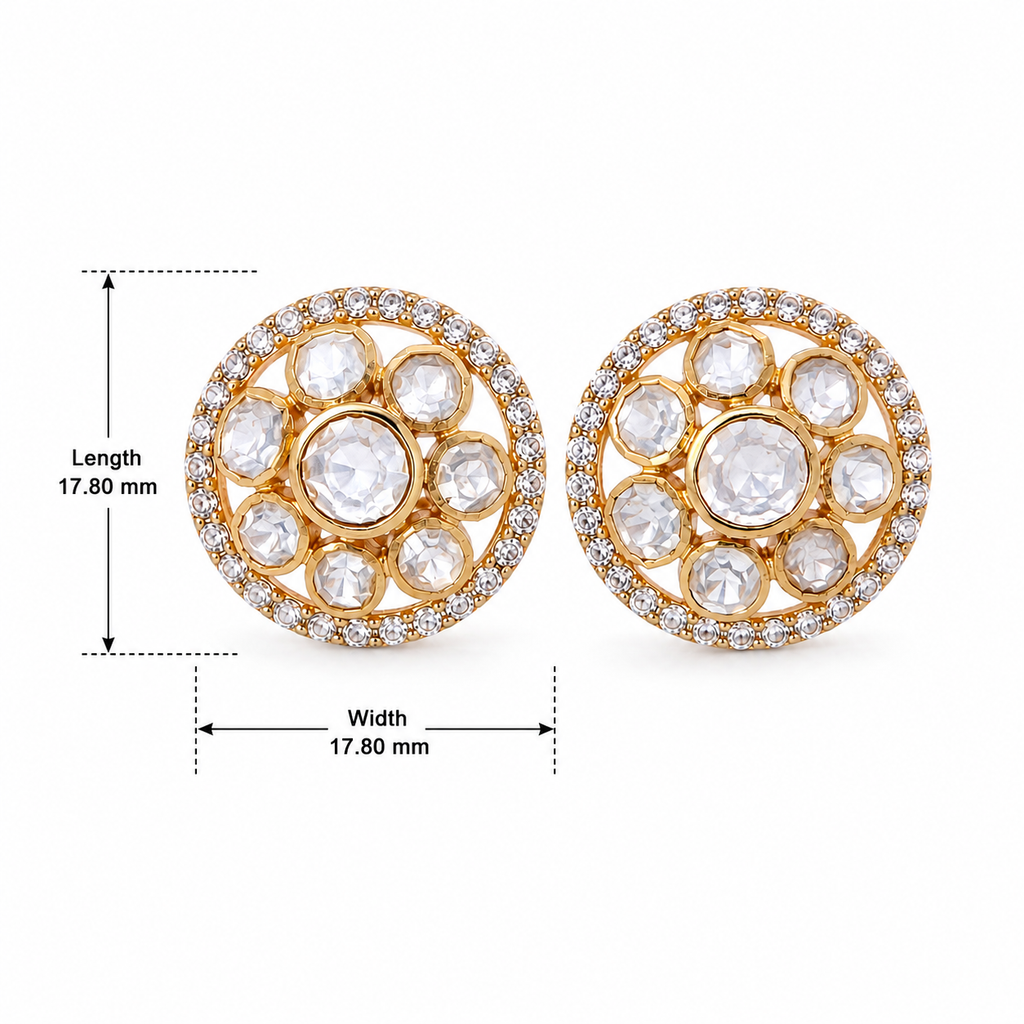 Gold Plated 925 Silver Moissanite Polki Round Stud Earrings | Handmade Luxury Wedding & Party Earrings for Women Made to Order