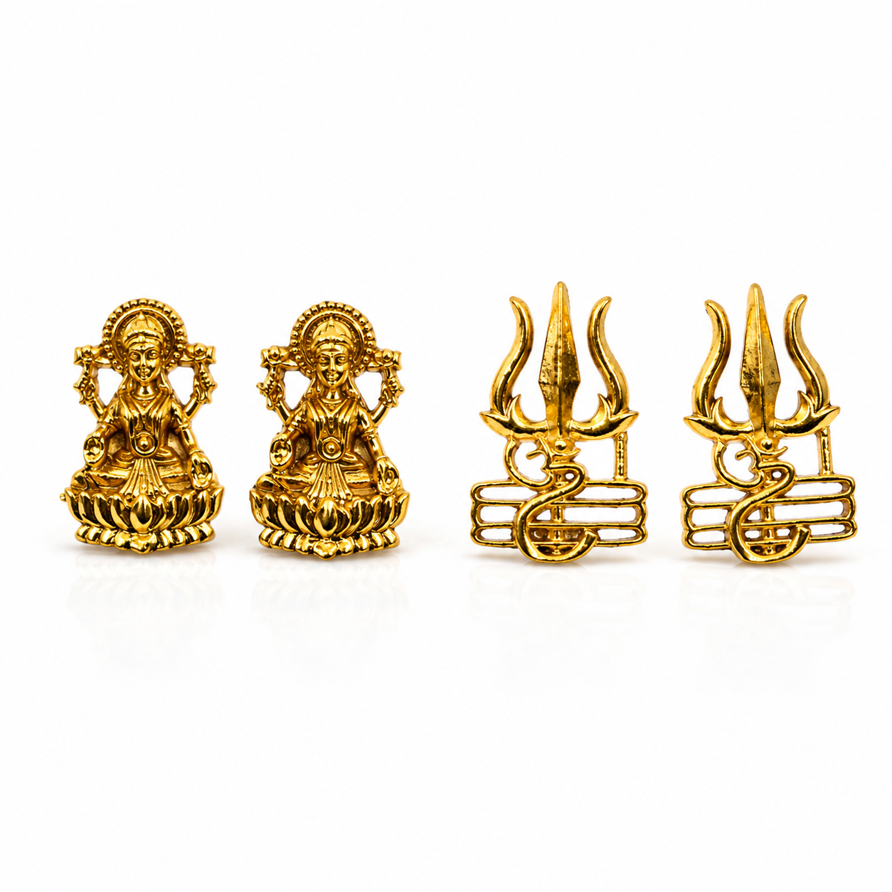 Gold Plated Brass Laxmi & Trishul Stud Earrings Combo for Couples | Traditional Goddess Lakshmi Studs for Women & Trishul Shiv Symbol Studs for Men | Religious Daily Wear Jewelry Gift Set