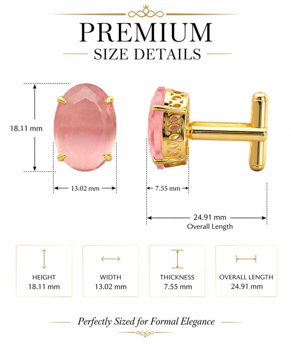 Classic Gold Plated Brass Oval Pink Stone Formal Shirt Cufflinks