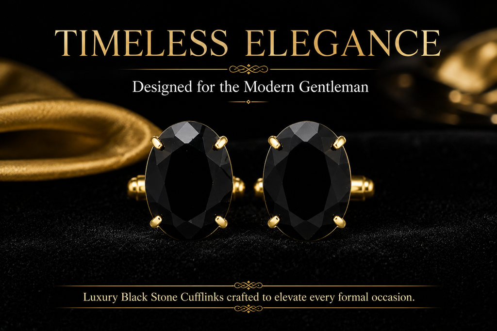 Gold Plated Brass Black Stone Oval Formal Cufflinks for Men