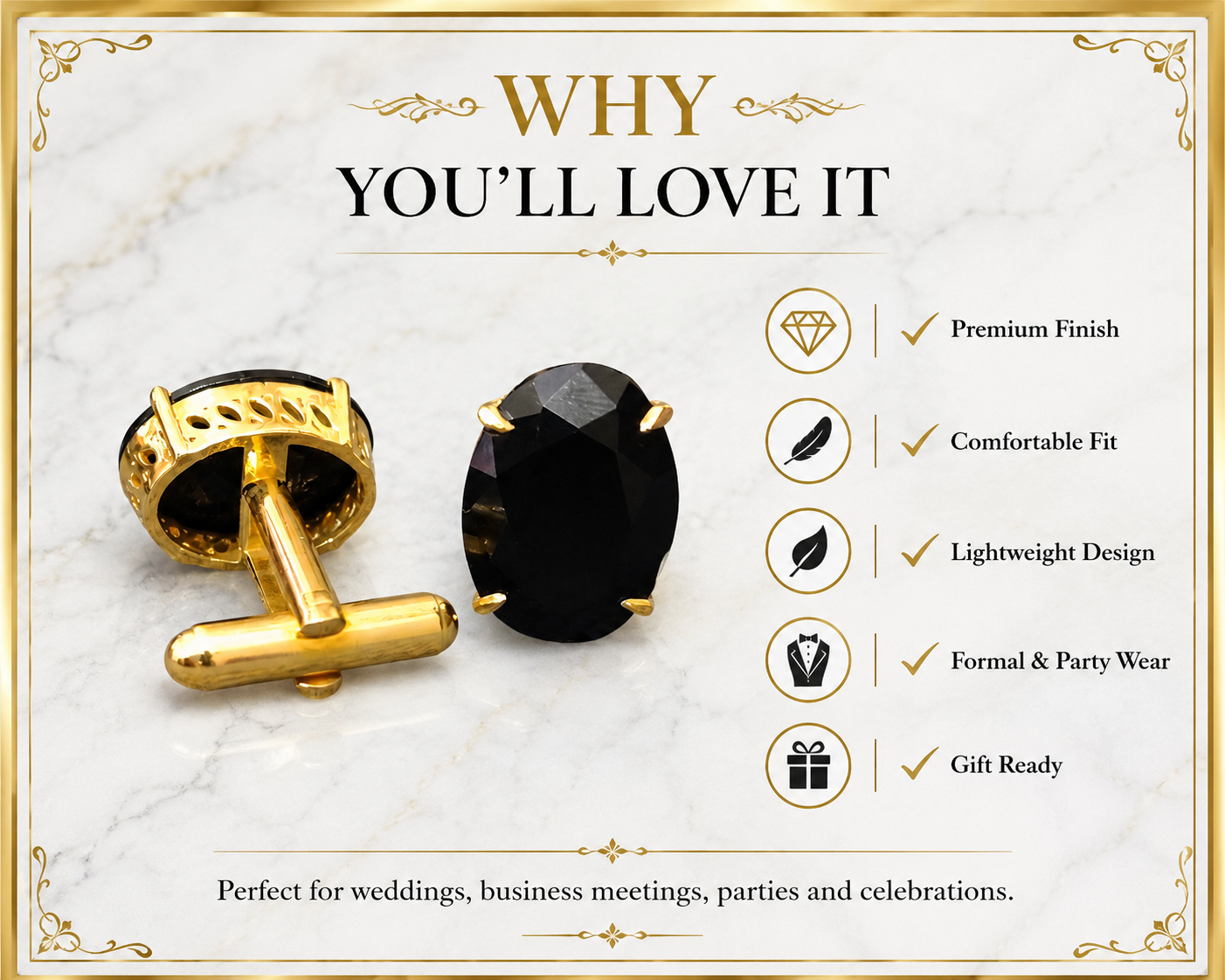 Gold Plated Brass Black Stone Oval Formal Cufflinks for Men