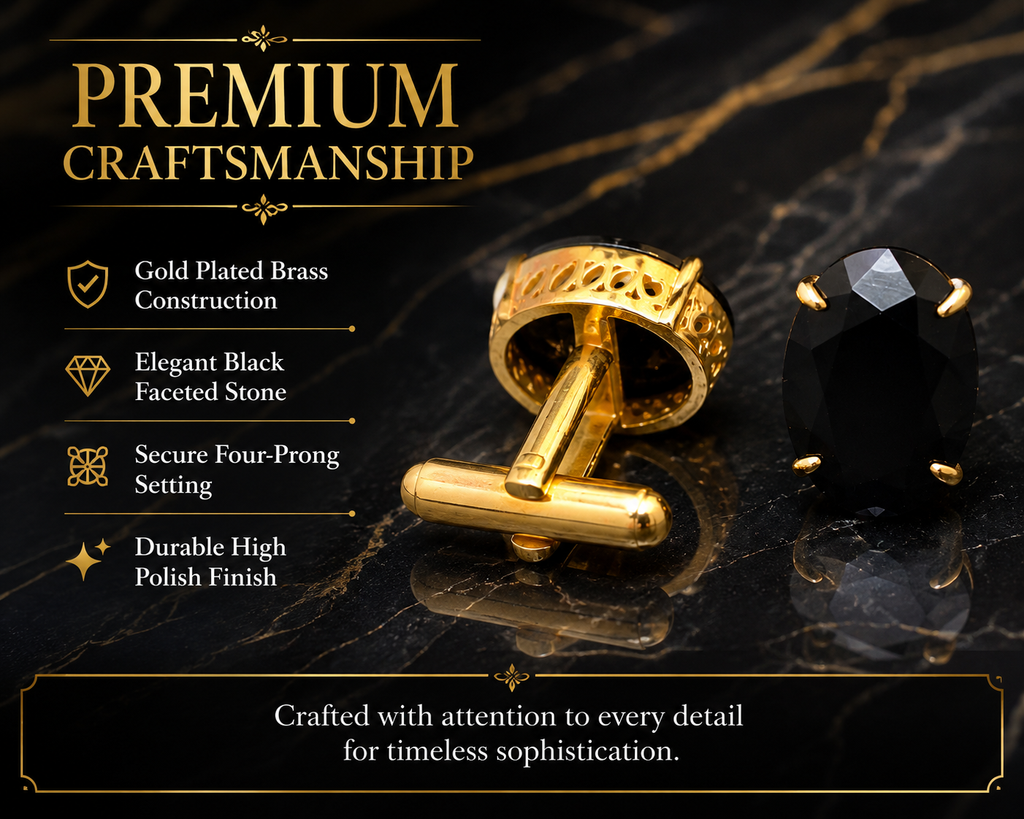 Gold Plated Brass Black Stone Oval Formal Cufflinks for Men