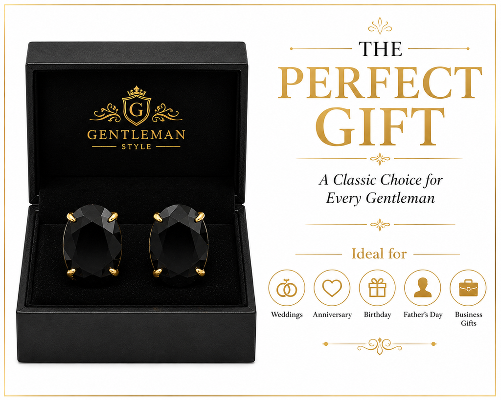 Gold Plated Brass Black Stone Oval Formal Cufflinks for Men