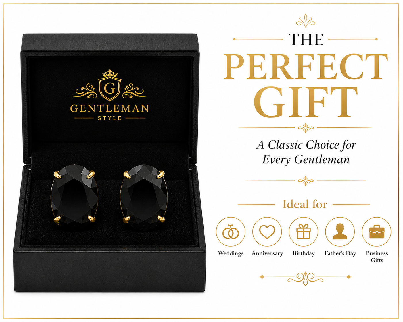 Gold Plated Brass Black Stone Oval Formal Cufflinks for Men