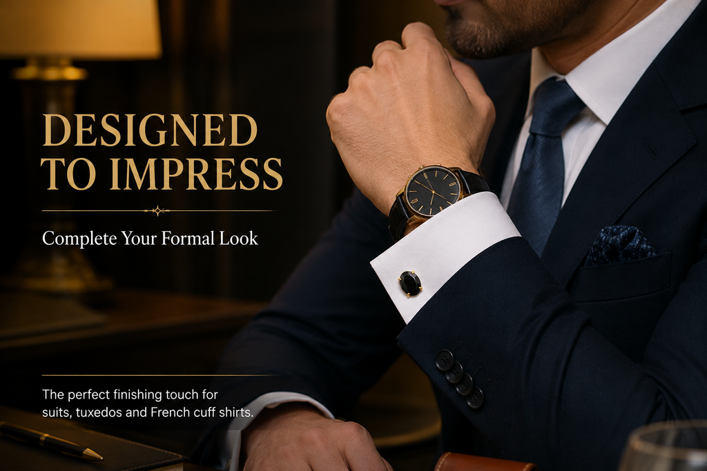 Gold Plated Brass Black Stone Oval Formal Cufflinks for Men