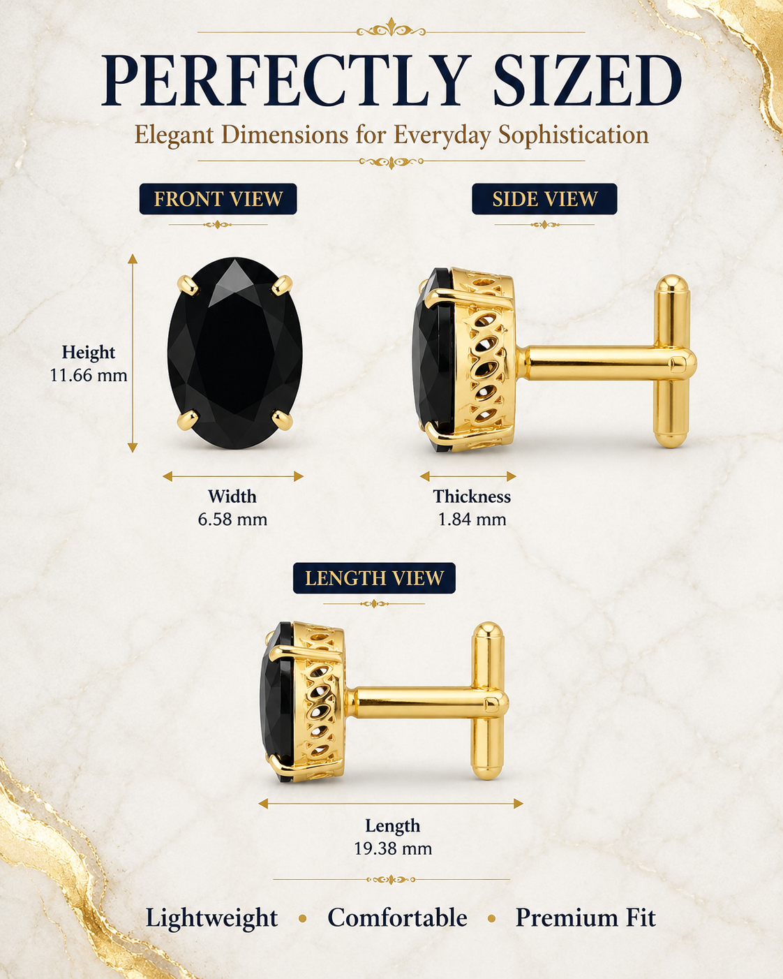 Gold Plated Brass Black Stone Oval Formal Cufflinks for Men