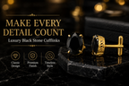 Gold Plated Brass Black Stone Oval Formal Cufflinks for Men