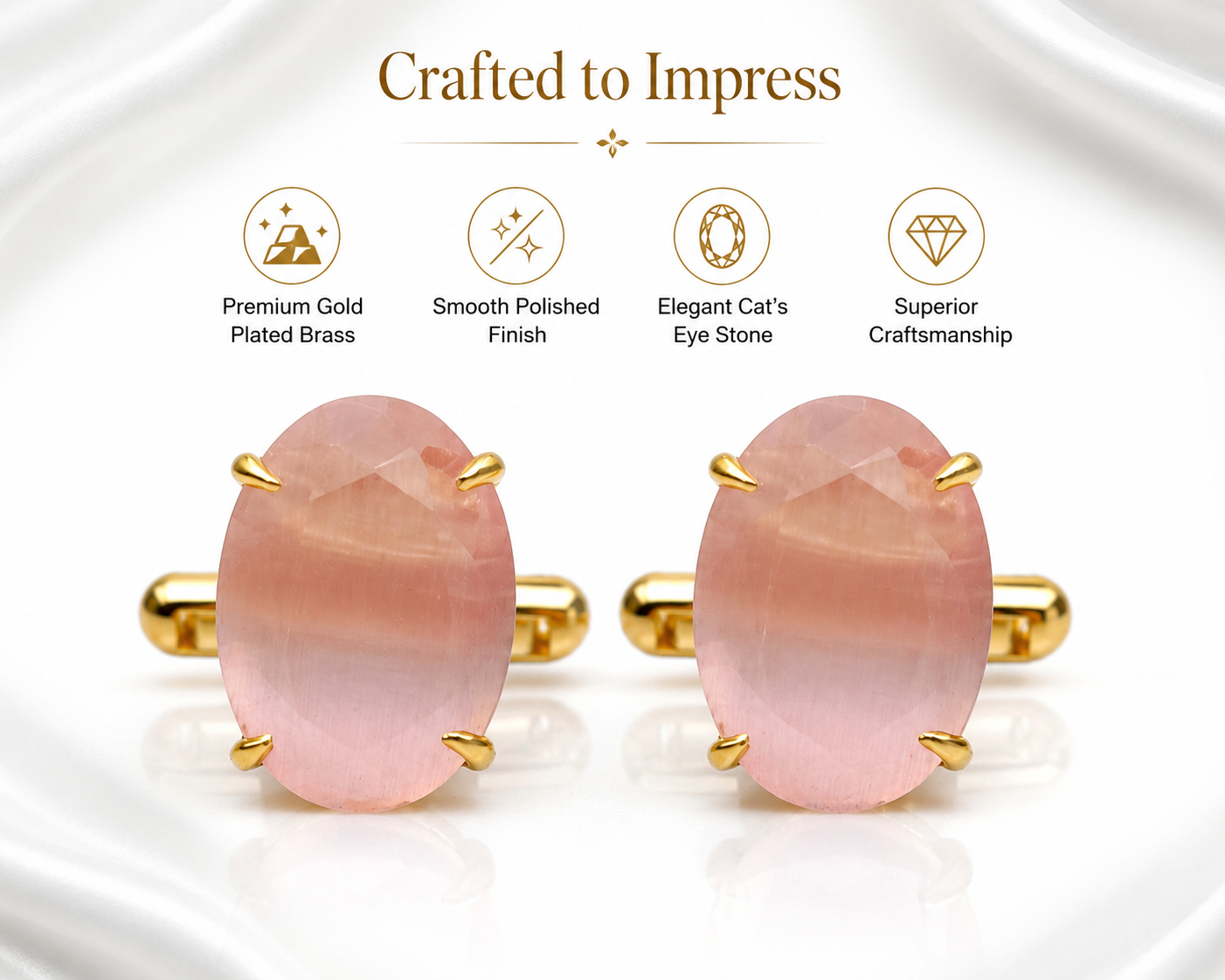 Classic Gold Plated Brass Oval Pink Stone Formal Shirt Cufflinks