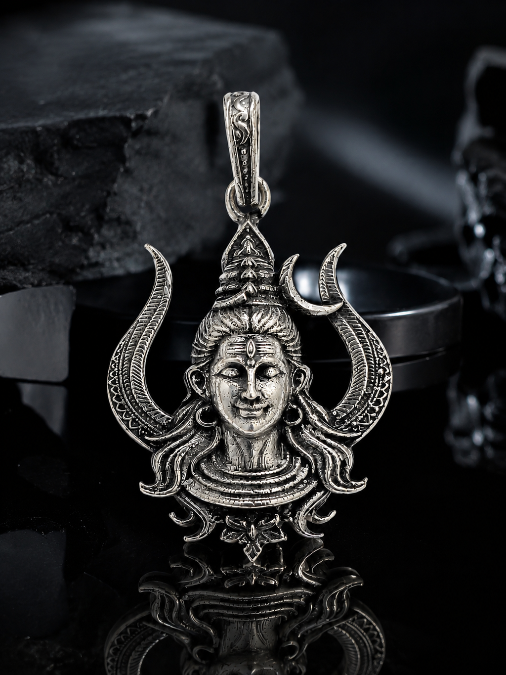 Silver Plated Brass Lord Shiva Pendant | Mahadev Face Trishul Design Pendant | Oxidized Shiv Necklace Pendant for Men & Women | Spiritual Hindu Jewelry