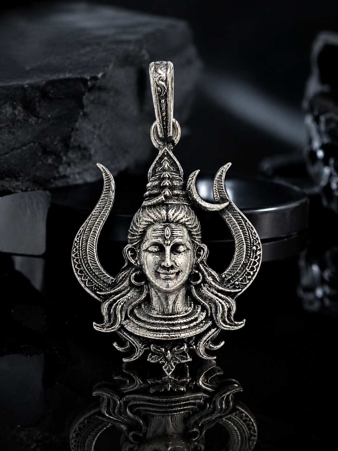 Silver Plated Brass Lord Shiva Pendant | Mahadev Face Trishul Design Pendant | Oxidized Shiv Necklace Pendant for Men & Women | Spiritual Hindu Jewelry