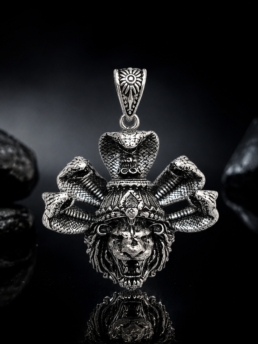 Narasimha with Sheshnaag Oxidized Silver Plated Brass Pendant | Hindu Spiritual Pendant | Handmade Temple Jewelry | Devotional Gift