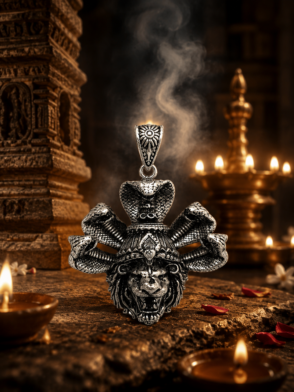 Narasimha with Sheshnaag Oxidized Silver Plated Brass Pendant | Hindu Spiritual Pendant | Handmade Temple Jewelry | Devotional Gift