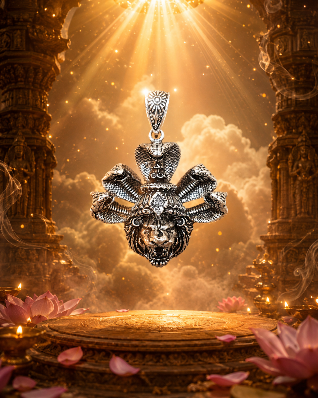 Narasimha with Sheshnaag Oxidized Silver Plated Brass Pendant | Hindu Spiritual Pendant | Handmade Temple Jewelry | Devotional Gift