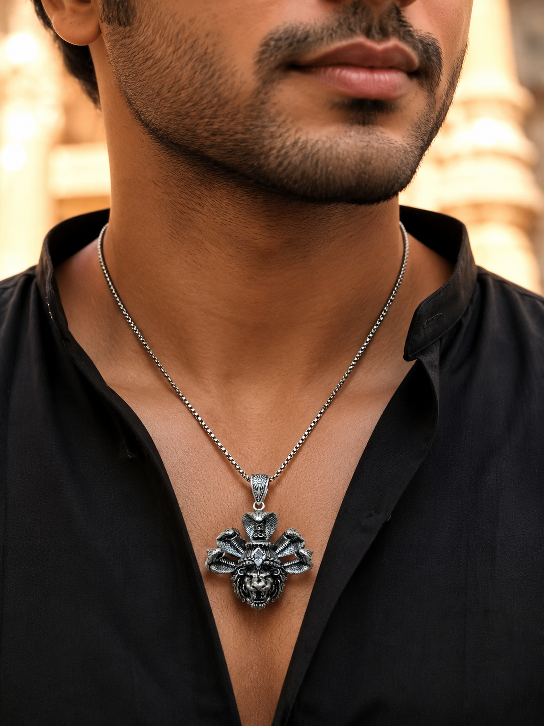 Narasimha with Sheshnaag Oxidized Silver Plated Brass Pendant | Hindu Spiritual Pendant | Handmade Temple Jewelry | Devotional Gift