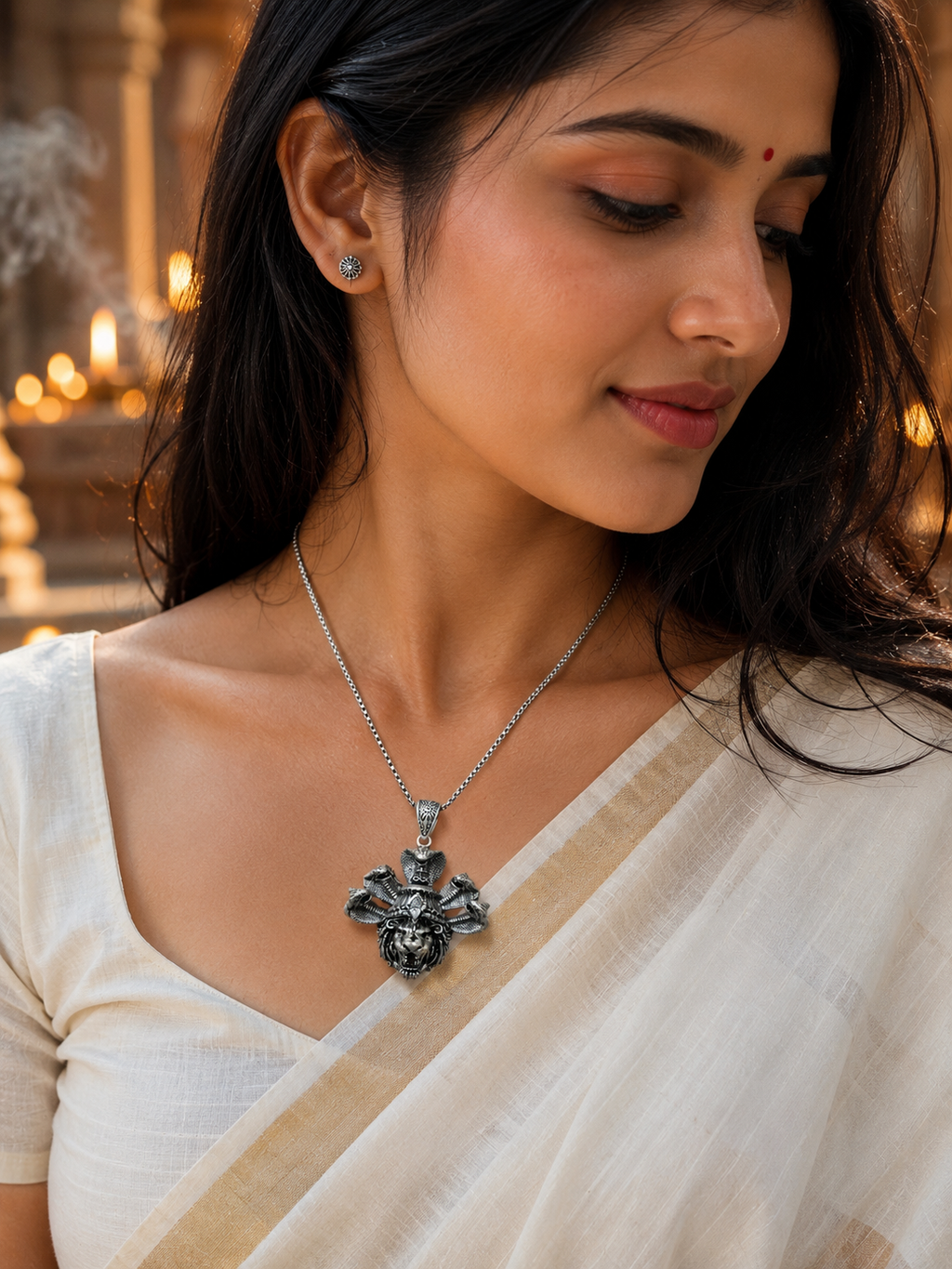 Narasimha with Sheshnaag Oxidized Silver Plated Brass Pendant | Hindu Spiritual Pendant | Handmade Temple Jewelry | Devotional Gift