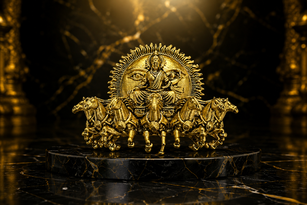 Gold Plated Surya Narayan Brooch | Sun God with Seven Horses Design | Spiritual Hindu Pin for Ethnic & Festive Wear