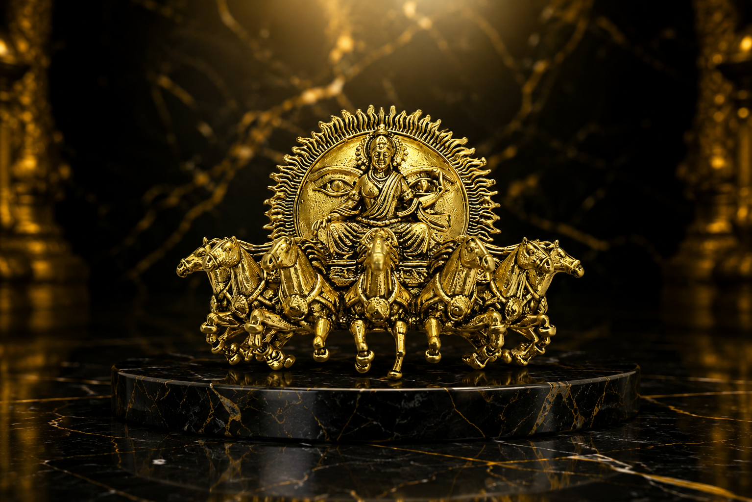 Gold Plated Surya Narayan Brooch | Sun God with Seven Horses Design | Spiritual Hindu Pin for Ethnic & Festive Wear