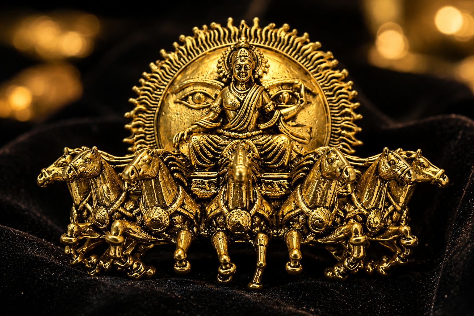 Gold Plated Surya Narayan Brooch | Sun God with Seven Horses Design | Spiritual Hindu Pin for Ethnic & Festive Wear
