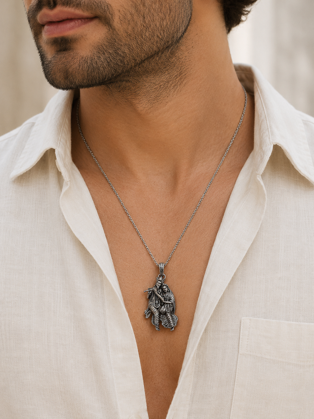 Radha Krishna Pendant Oxidized Finish – Divine Love Couple Locket, Flute Krishna Jewelry, Spiritual Hindu Pendant, Unisex Religious Gift, Antique Silver Look Necklace Pendant