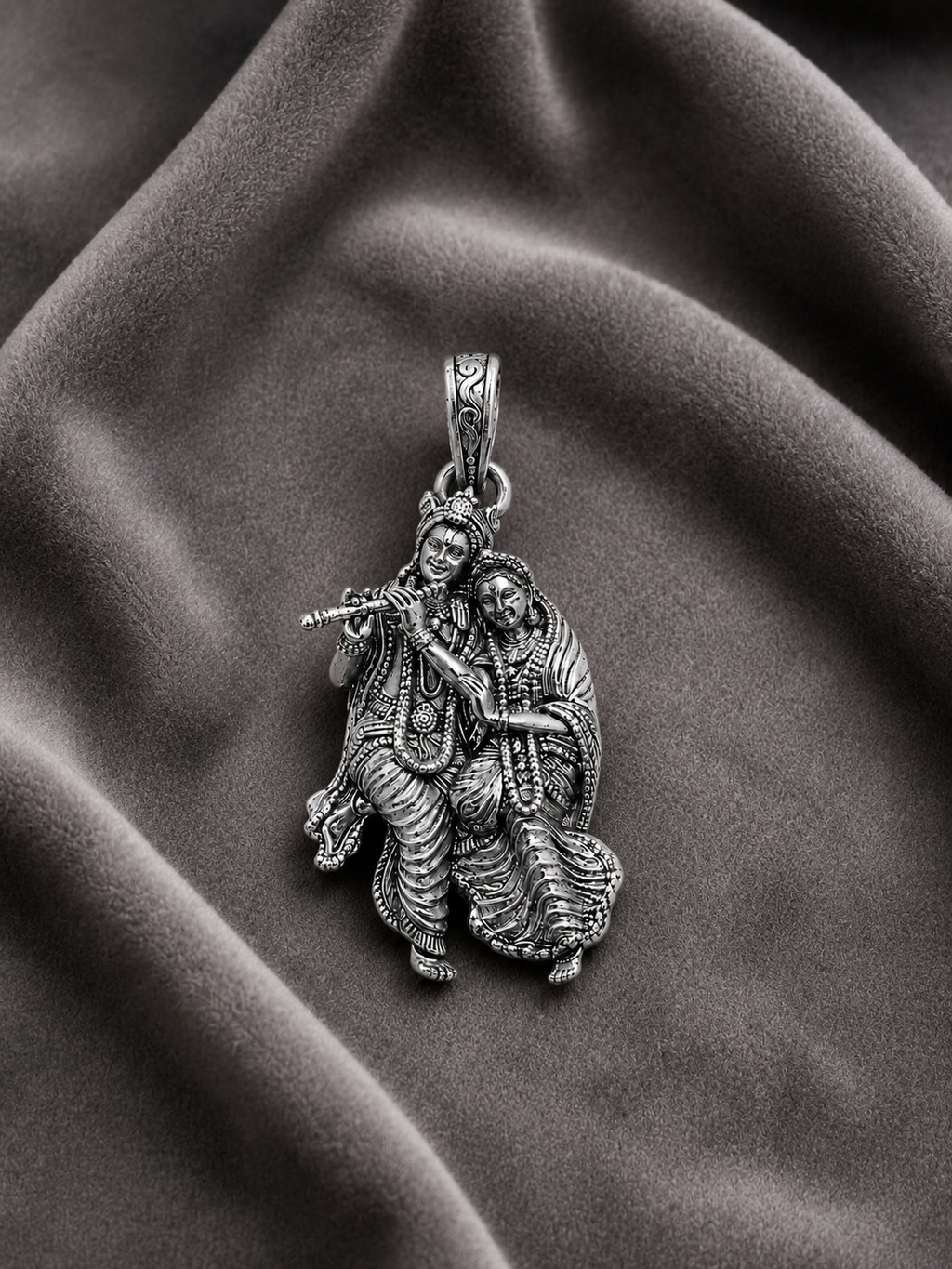 Radha Krishna Pendant Oxidized Finish – Divine Love Couple Locket, Flute Krishna Jewelry, Spiritual Hindu Pendant, Unisex Religious Gift, Antique Silver Look Necklace Pendant