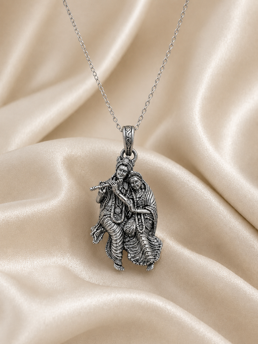 Radha Krishna Pendant Oxidized Finish – Divine Love Couple Locket, Flute Krishna Jewelry, Spiritual Hindu Pendant, Unisex Religious Gift, Antique Silver Look Necklace Pendant