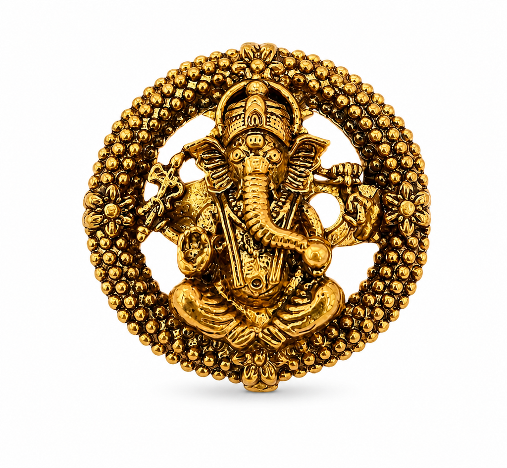 Antique Gold Lord Ganesha Brooch | Round Temple Style Ganpati Pin | Spiritual Ethnic Lapel Brooch for Men & Women