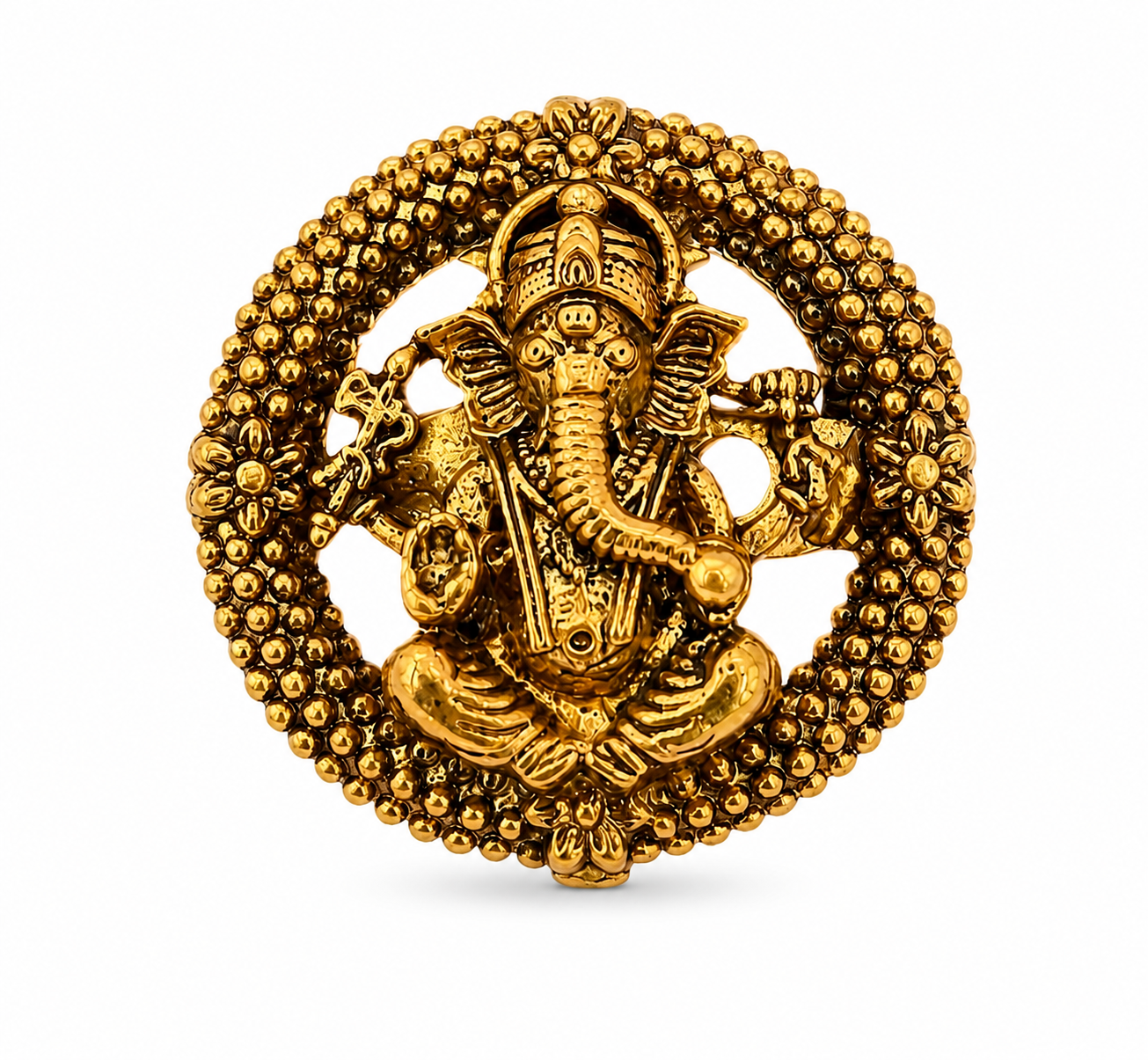 Antique Gold Lord Ganesha Brooch | Round Temple Style Ganpati Pin | Spiritual Ethnic Lapel Brooch for Men & Women