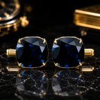 Blue Sapphire-Inspired Cufflinks for Men | Gold Plated Brass Metal Cuff Links | Premium Formal Shirt Accessories for Weddings, Business & Party Wear