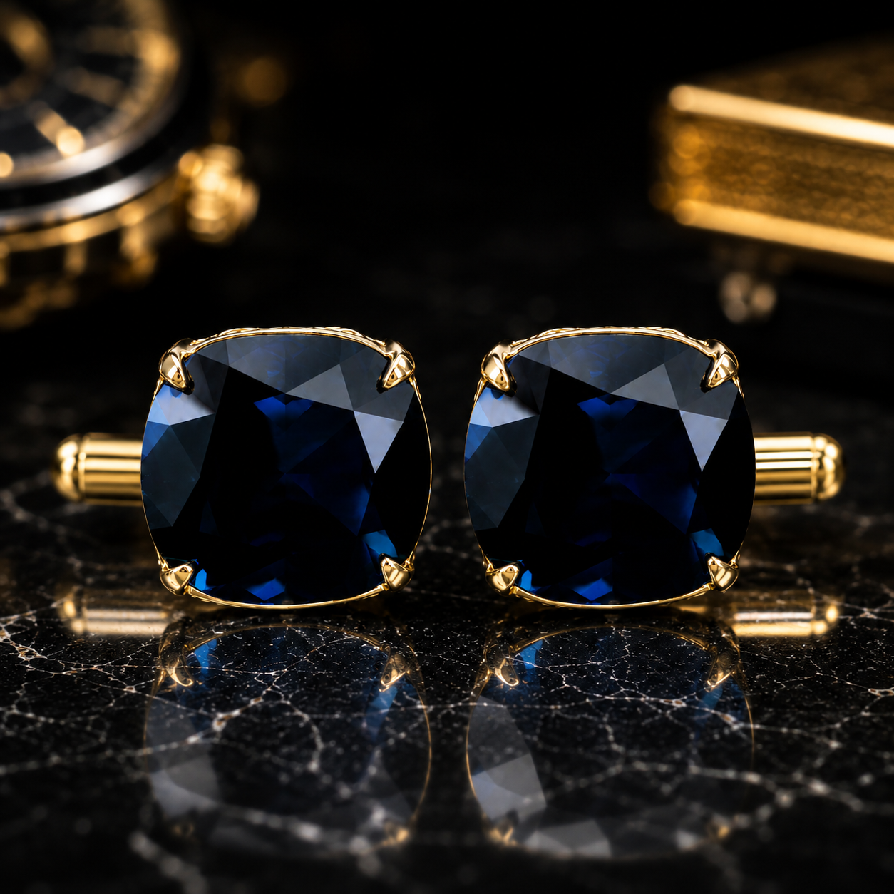 Blue Sapphire-Inspired Cufflinks for Men | Gold Plated Brass Metal Cuff Links | Premium Formal Shirt Accessories for Weddings, Business & Party Wear