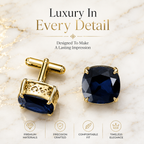 Blue Sapphire-Inspired Cufflinks for Men | Gold Plated Brass Metal Cuff Links | Premium Formal Shirt Accessories for Weddings, Business & Party Wear