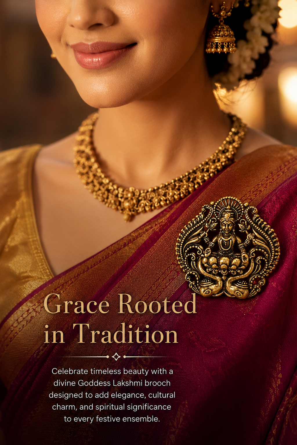 Divine Maa Lakshmi Oxidized Gold Plated Brass Brooch