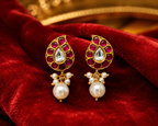 Gold Plated Brass Kundan Leaf Drop Earrings with Pearl Dangle | Traditional Ethnic Stud Earrings for Women
