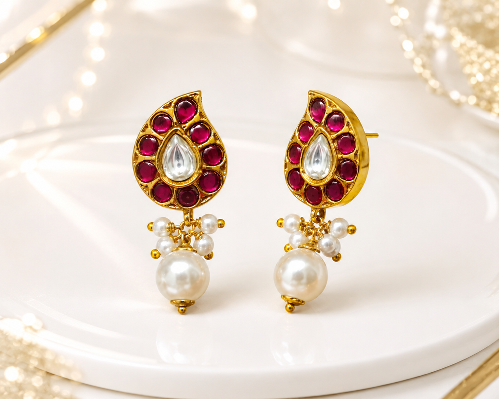 Gold Plated Brass Kundan Leaf Drop Earrings with Pearl Dangle | Traditional Ethnic Stud Earrings for Women