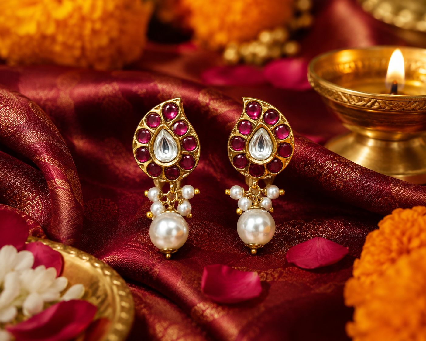 Gold Plated Brass Kundan Leaf Drop Earrings with Pearl Dangle | Traditional Ethnic Stud Earrings for Women