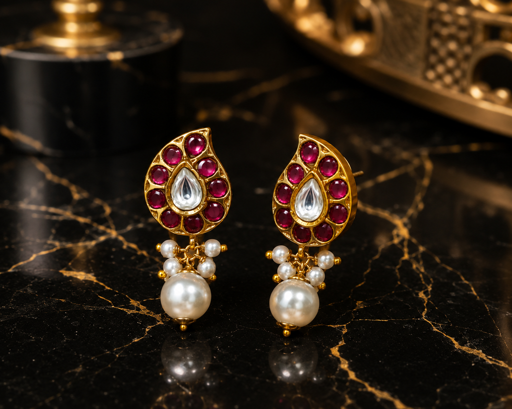 Gold Plated Brass Kundan Leaf Drop Earrings with Pearl Dangle | Traditional Ethnic Stud Earrings for Women