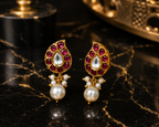 Gold Plated Brass Kundan Leaf Drop Earrings with Pearl Dangle | Traditional Ethnic Stud Earrings for Women