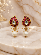 Gold Plated Brass Kundan Leaf Drop Earrings with Pearl Dangle | Traditional Ethnic Stud Earrings for Women