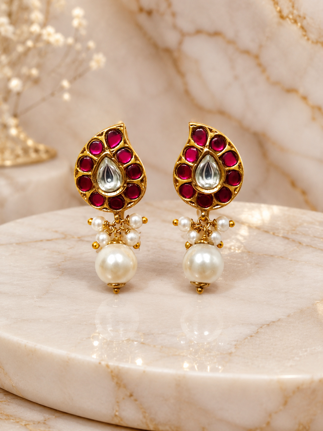 Gold Plated Brass Kundan Leaf Drop Earrings with Pearl Dangle | Traditional Ethnic Stud Earrings for Women
