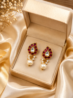 Gold Plated Brass Kundan Leaf Drop Earrings with Pearl Dangle | Traditional Ethnic Stud Earrings for Women