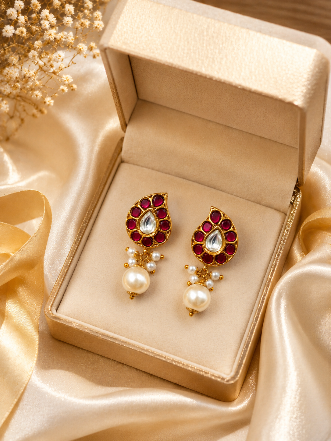 Gold Plated Brass Kundan Leaf Drop Earrings with Pearl Dangle | Traditional Ethnic Stud Earrings for Women