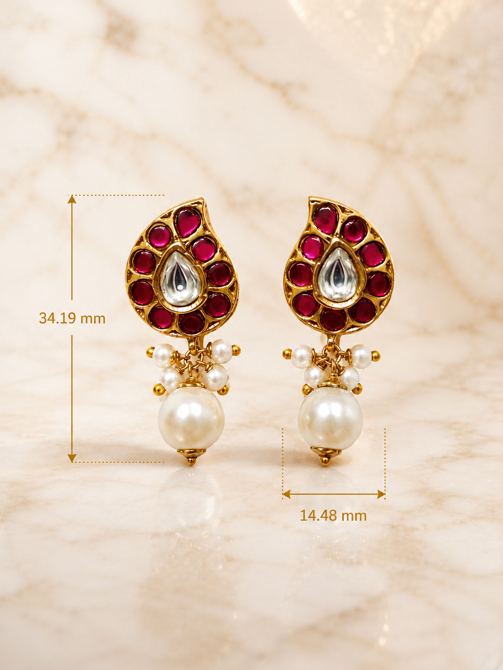Gold Plated Brass Kundan Leaf Drop Earrings with Pearl Dangle | Traditional Ethnic Stud Earrings for Women