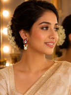 Gold Plated Brass Kundan Leaf Drop Earrings with Pearl Dangle | Traditional Ethnic Stud Earrings for Women