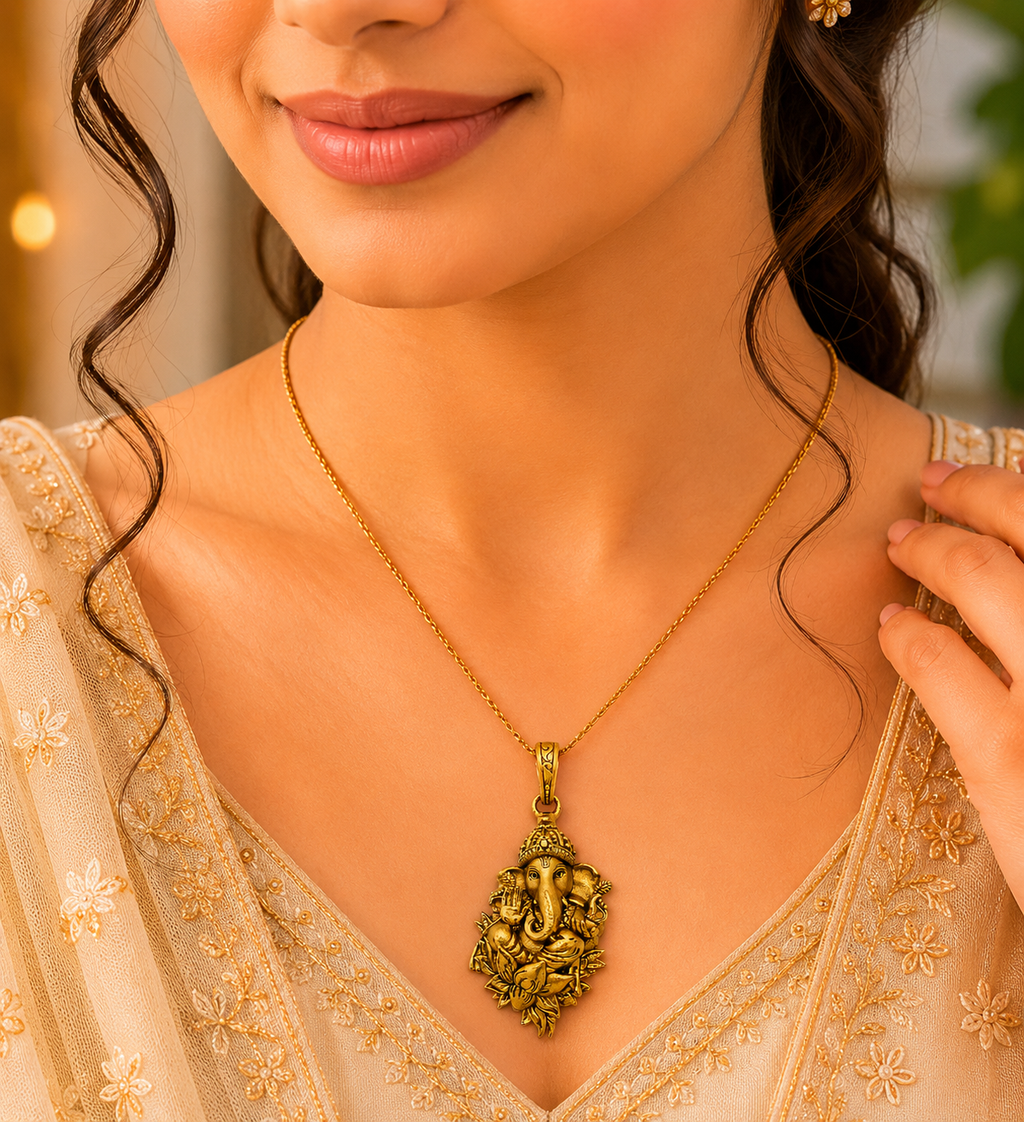 Gold Plated Lord Ganesha Pendant | Antique Finish Ganpati Idol Necklace Charm | Religious Spiritual Jewelry for Men & Women