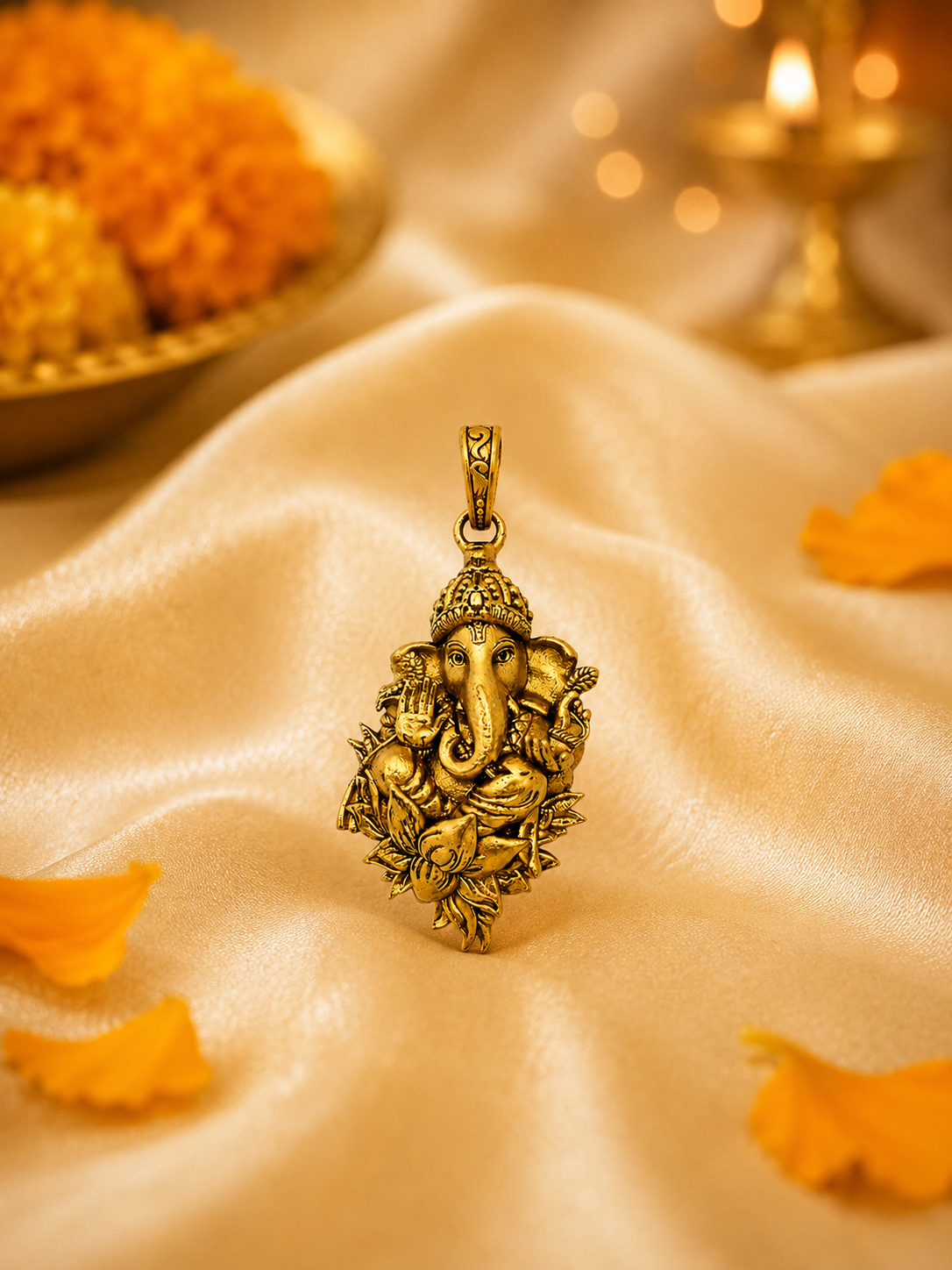 Gold Plated Lord Ganesha Pendant | Antique Finish Ganpati Idol Necklace Charm | Religious Spiritual Jewelry for Men & Women
