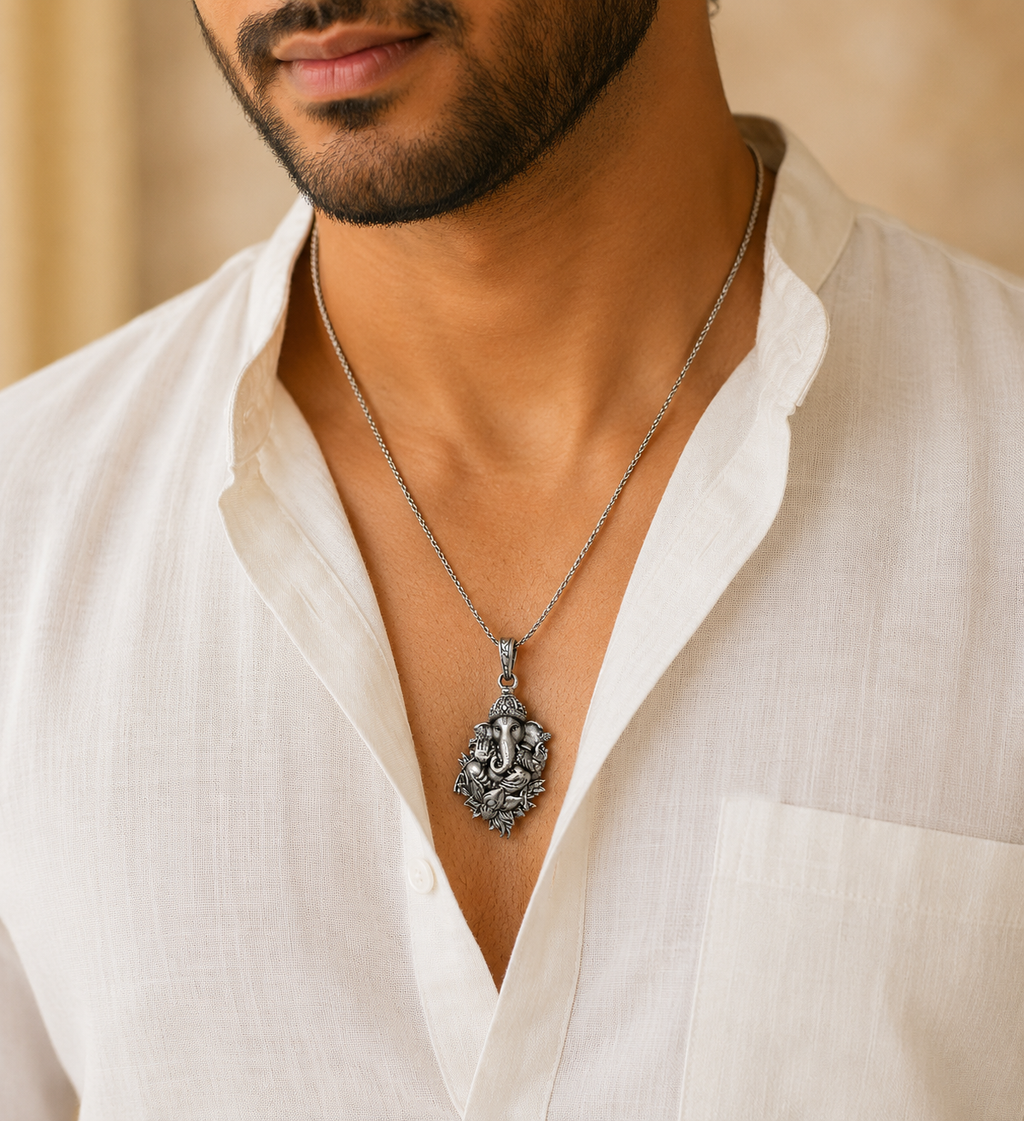 Oxidized Silver Lord Ganesha Pendant | Antique Finish Ganpati Idol Necklace Charm | Spiritual Religious Jewelry for Men & Women