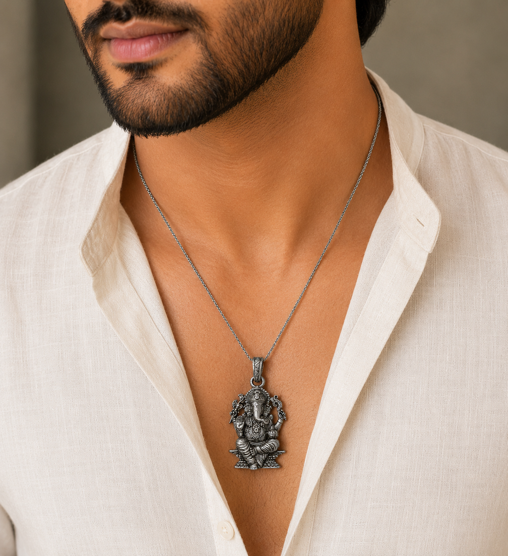 Premium Antique Silver Lord Ganesha Pendant | Ganpati Bappa Spiritual Jewellery for Prosperity & Protection
